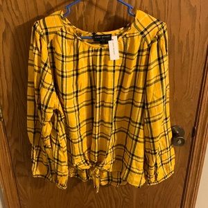 NWT Lane Bryant size 22 gold black plaid women top long sleeve w/ front tie knot
